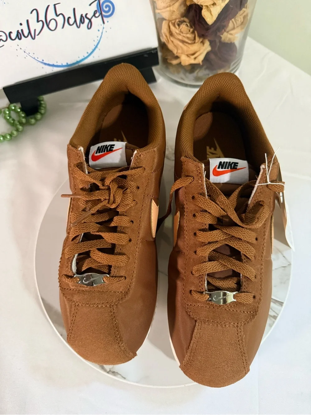 Nike Women’s Cortez Brown Sneakers with Peach Swoosh